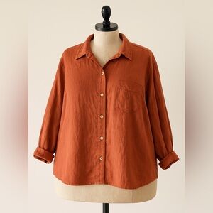Real Comfort Unisex Orange Linen Button Up‎ Shirt 1X Long Sleeve Vintage Casual